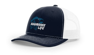 Blue Bass on Navy/White mesh back Richardson 112 snapback trucker hat